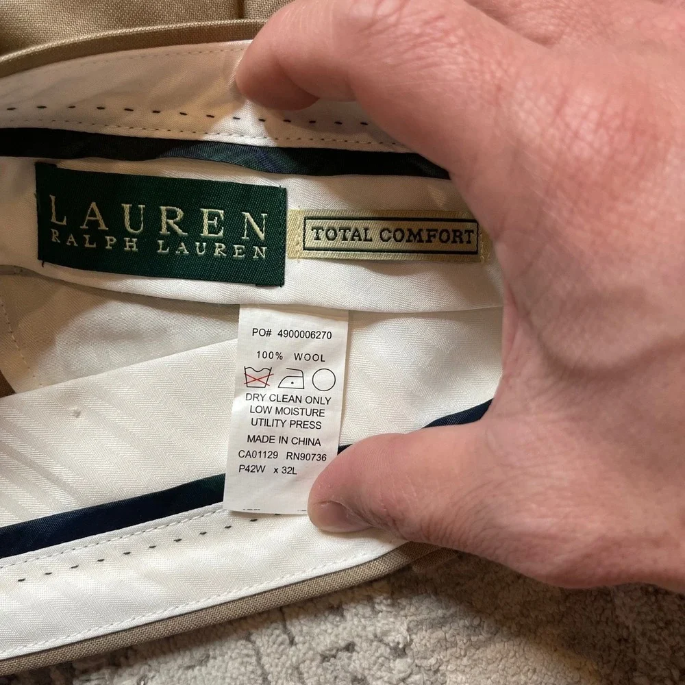 Lauren Ralph Lauren Mens 42x32 Wool Pleated Cuffed Dress Pants Tan Total Comfort
